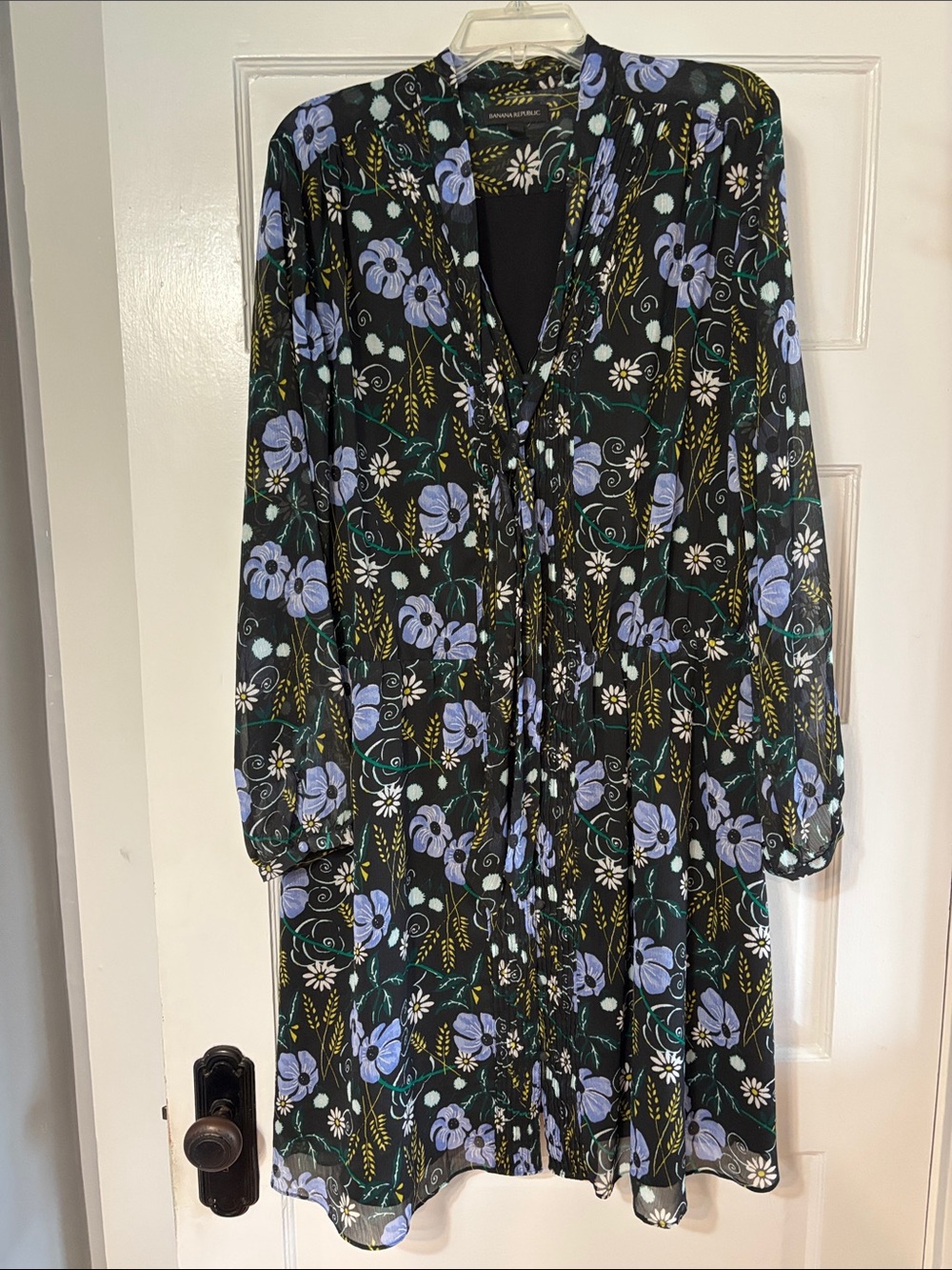 Banana Republic Black Floral Dress with Lavender and Green Accents